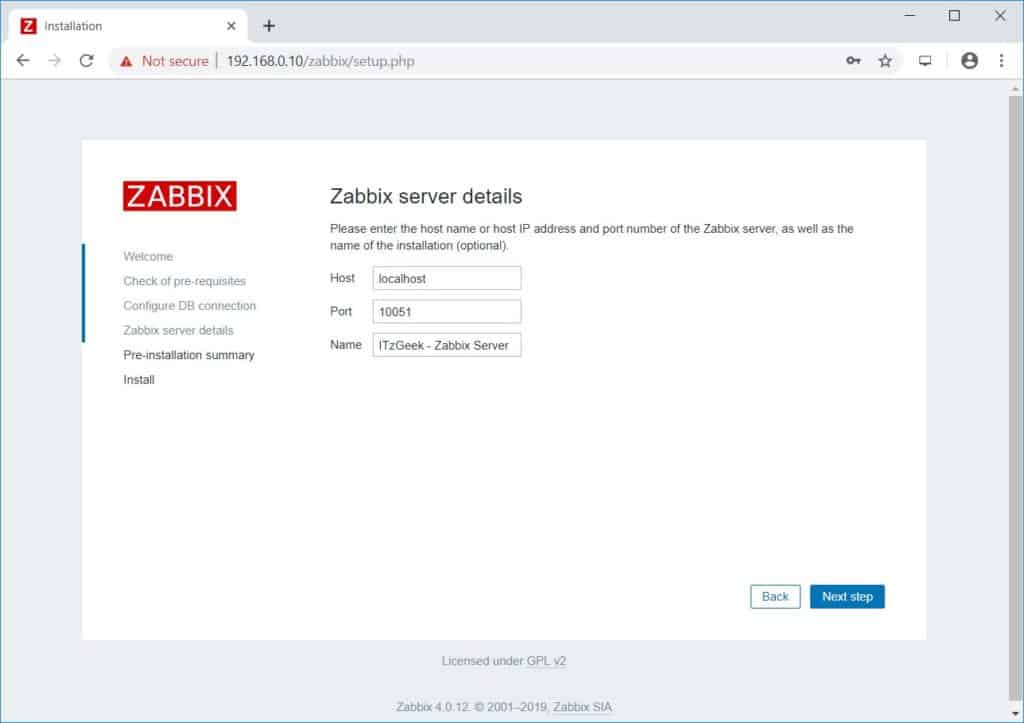 Install Zabbix on Debian 10 - Zabbix Server Details