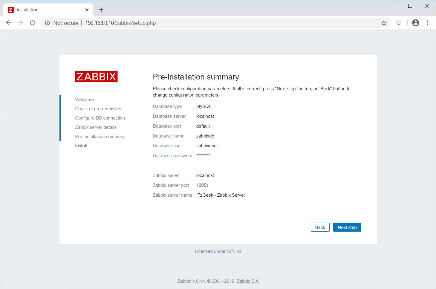 Install Zabbix Server on CentOS 8 - Zabbix Pre-installation Summary