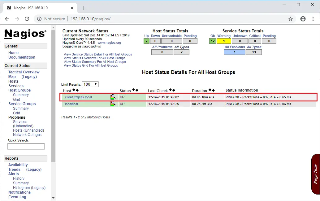 Monitor Remote Linux Systems With Nagios - Hosts List