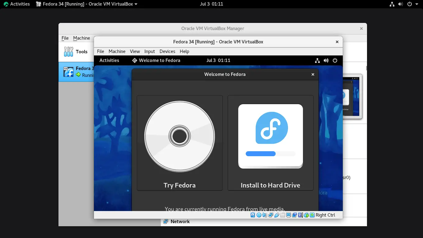 VirtualBox 6.1 Running Fedora Virtual Machine