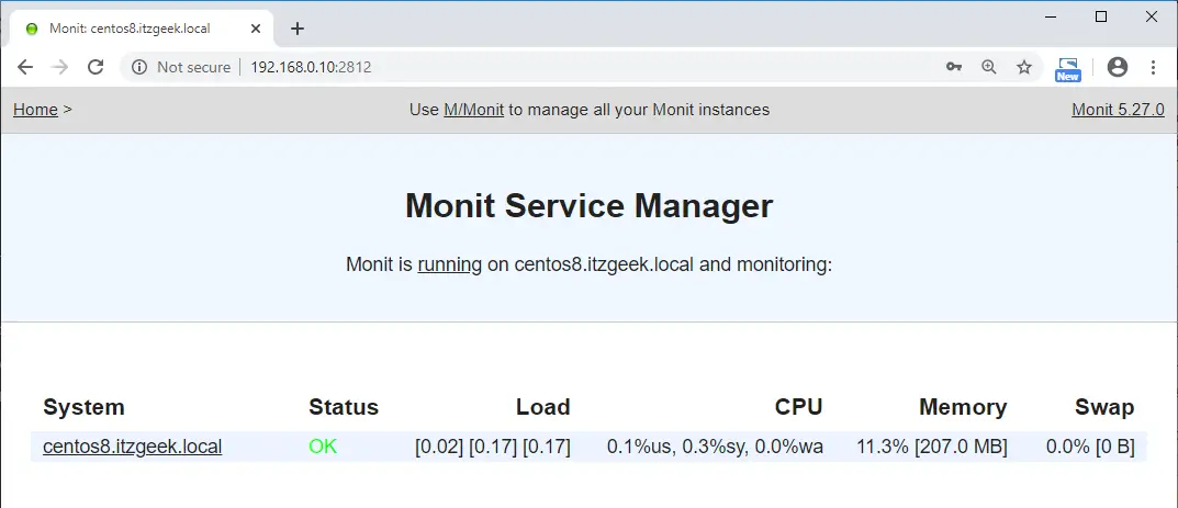 Install Monit on CentOS 8 - Monit Dashboard