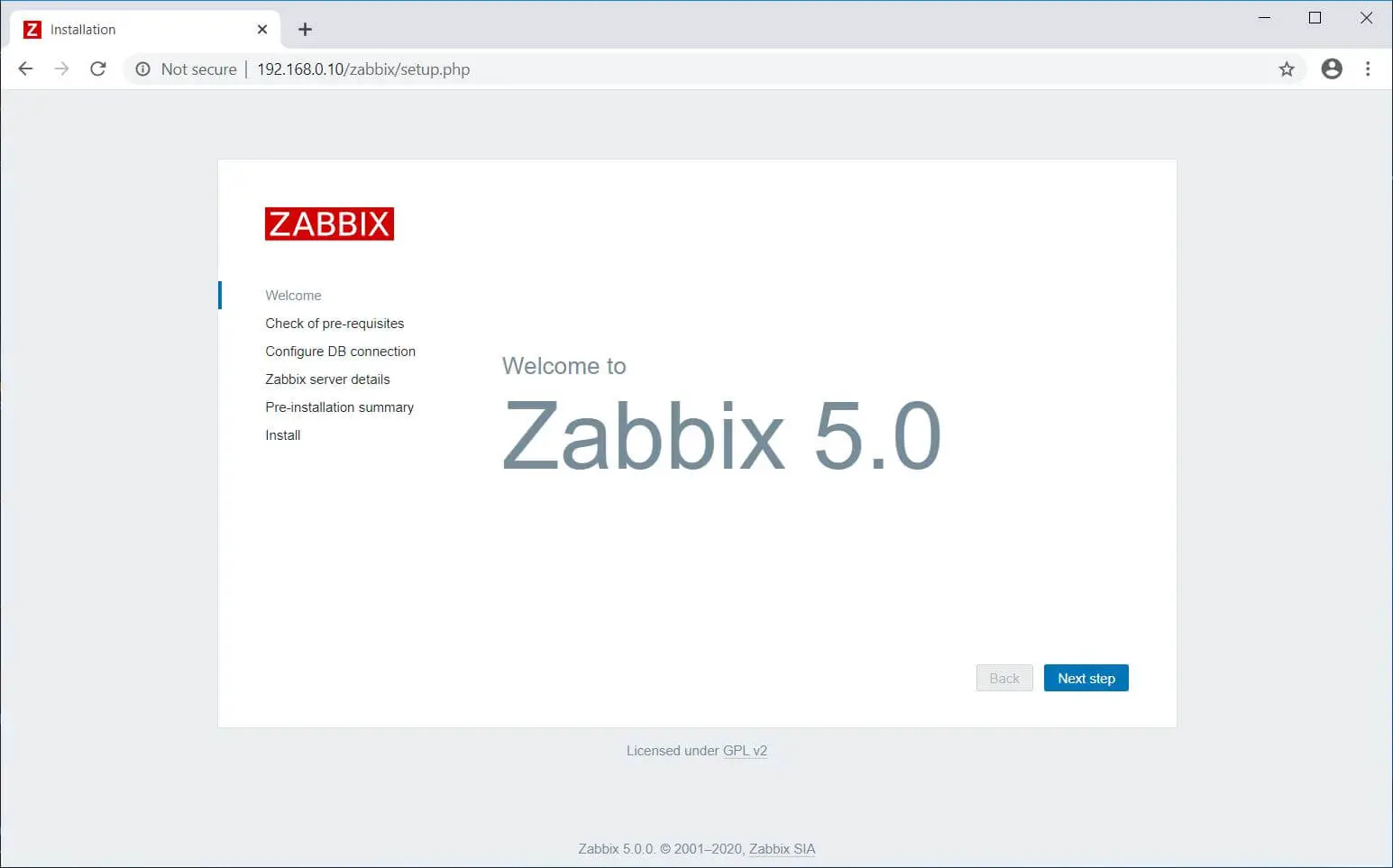 Zabbix 5.0 Welcome Screen