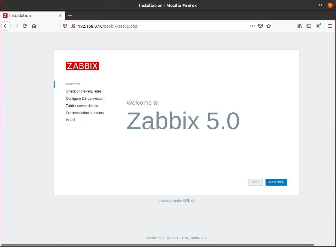 Zabbix 5.0 Welcome Screen