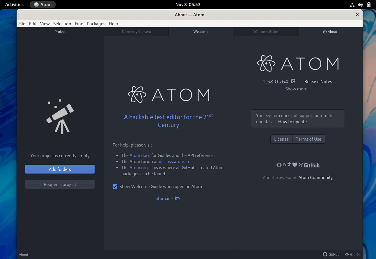 Atom Editor Running on Fedora 35