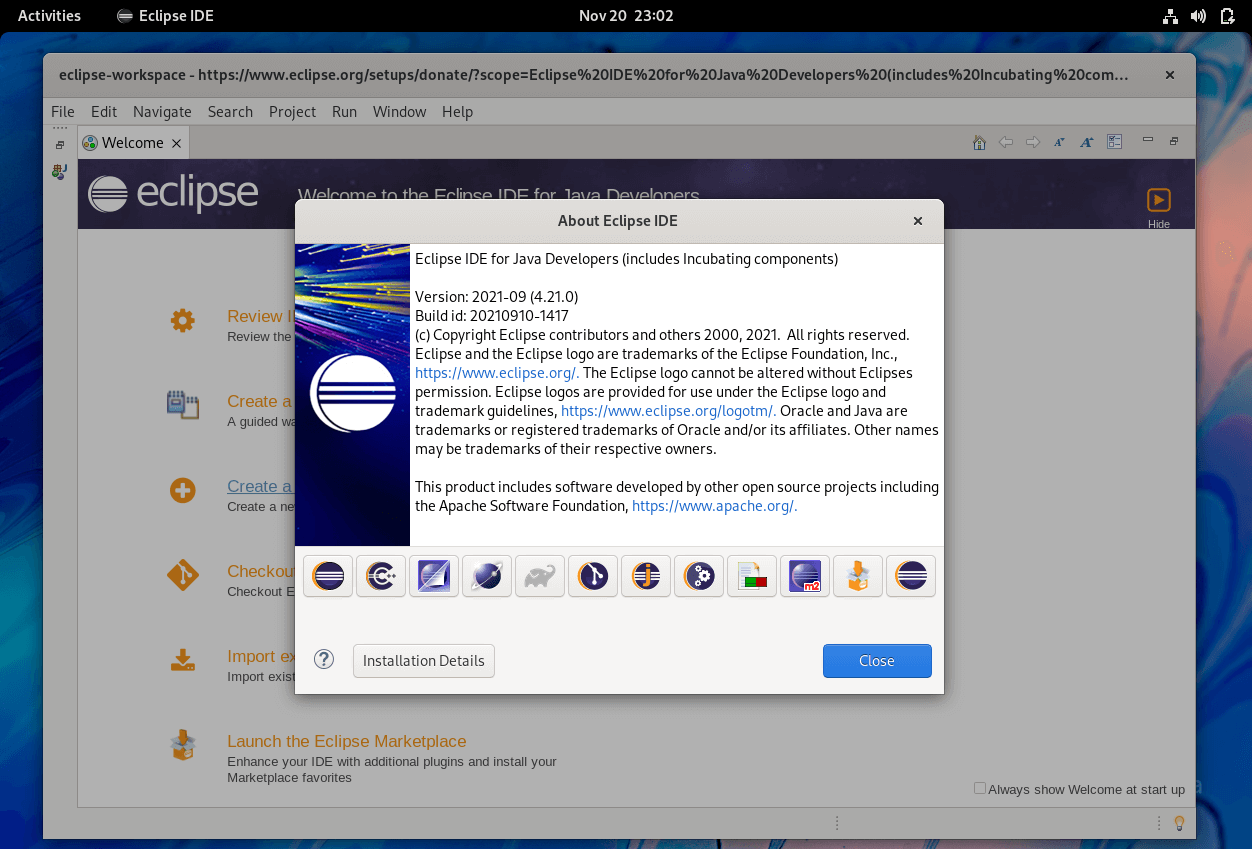 Eclipse IDE Running on Fedora 35