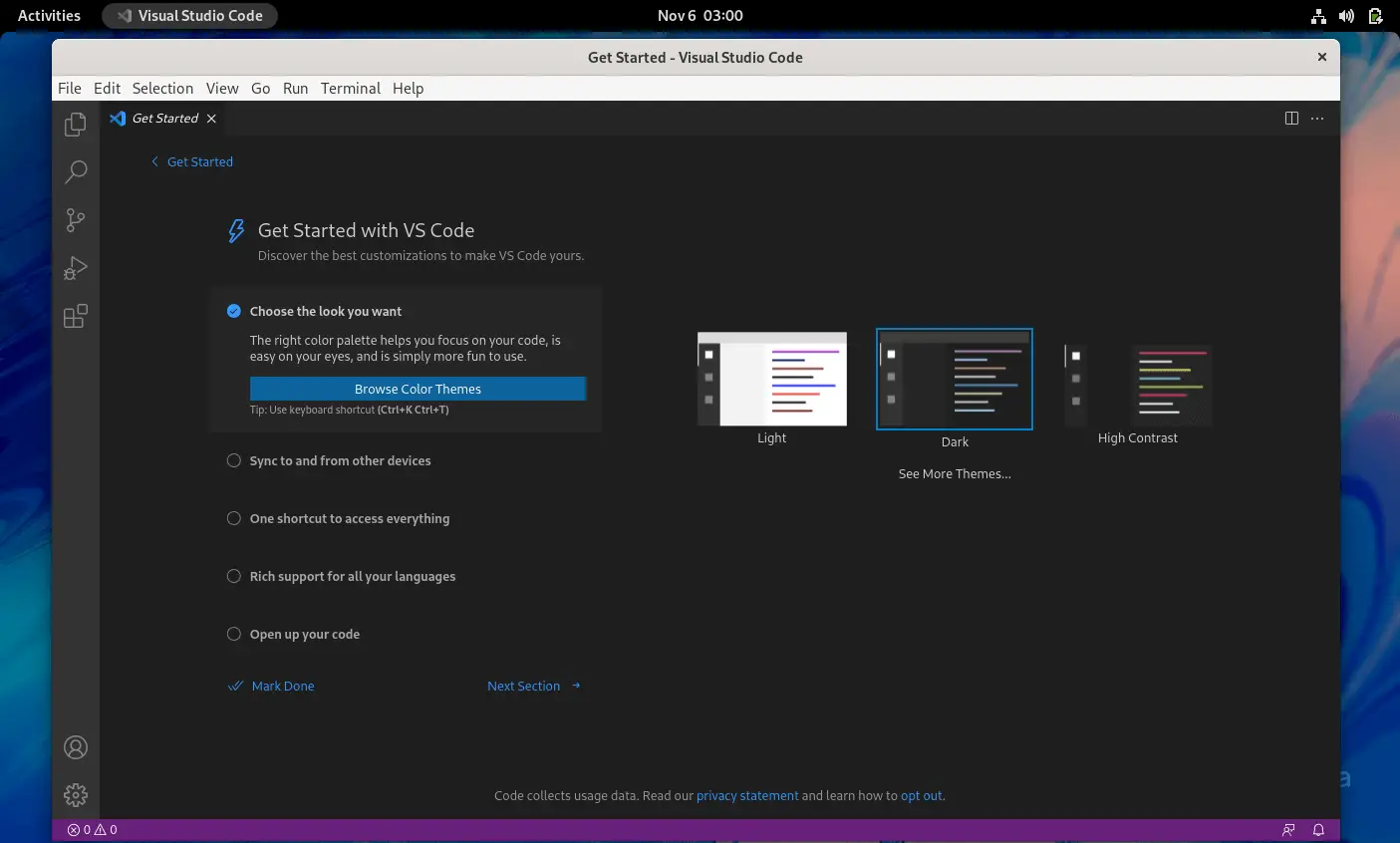 Visual Studio Code running on Fedora