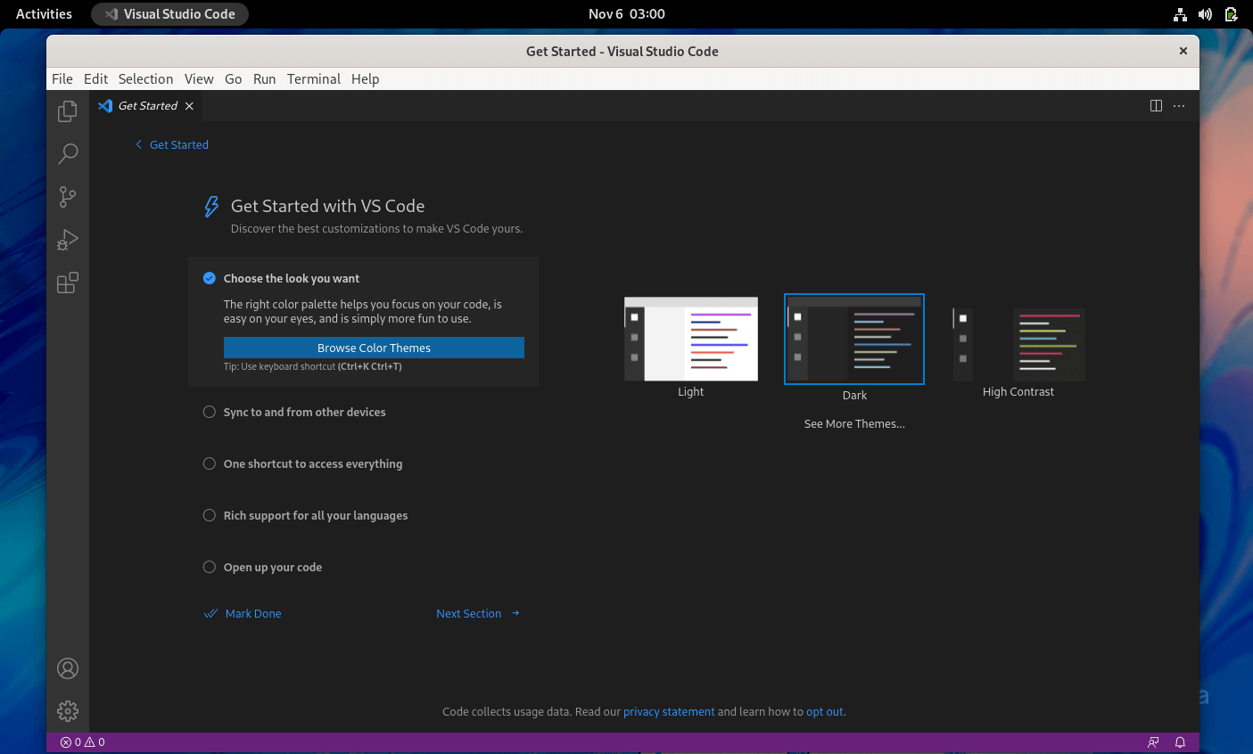 Visual Studio Code running on Fedora