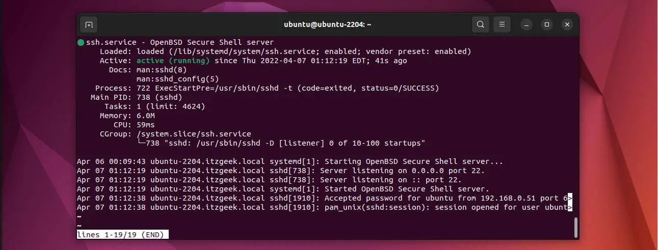 SSH Server Service Status on Ubuntu 22.04