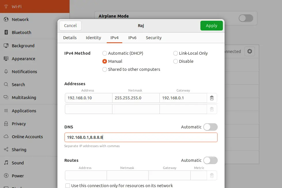 Set IP for Wired Wi-Fi