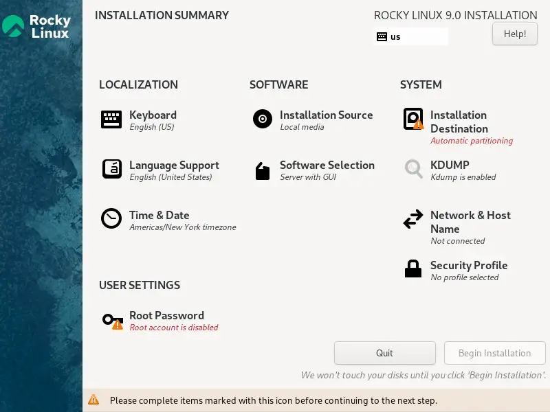 Rocky Linux 9 Installation Summary