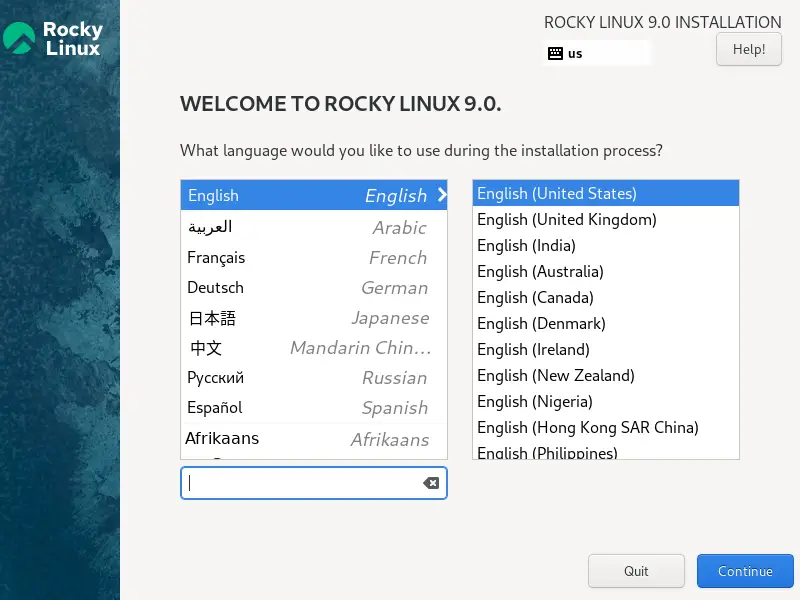 Select Language for Rocky Linux Installation